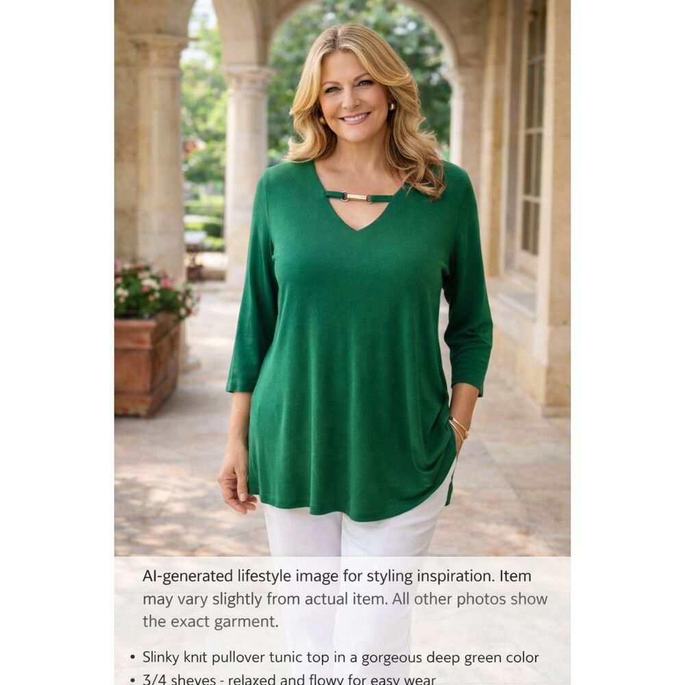Travelers Chicos Womens Pullover Tunic Top Size 1 US  8/10 Green Slinky V Neck - Picture 2 of 12